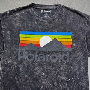 Polaroid Men T-Shirt Cotton Acid Wash Gray Medium Retro Graphic Tee